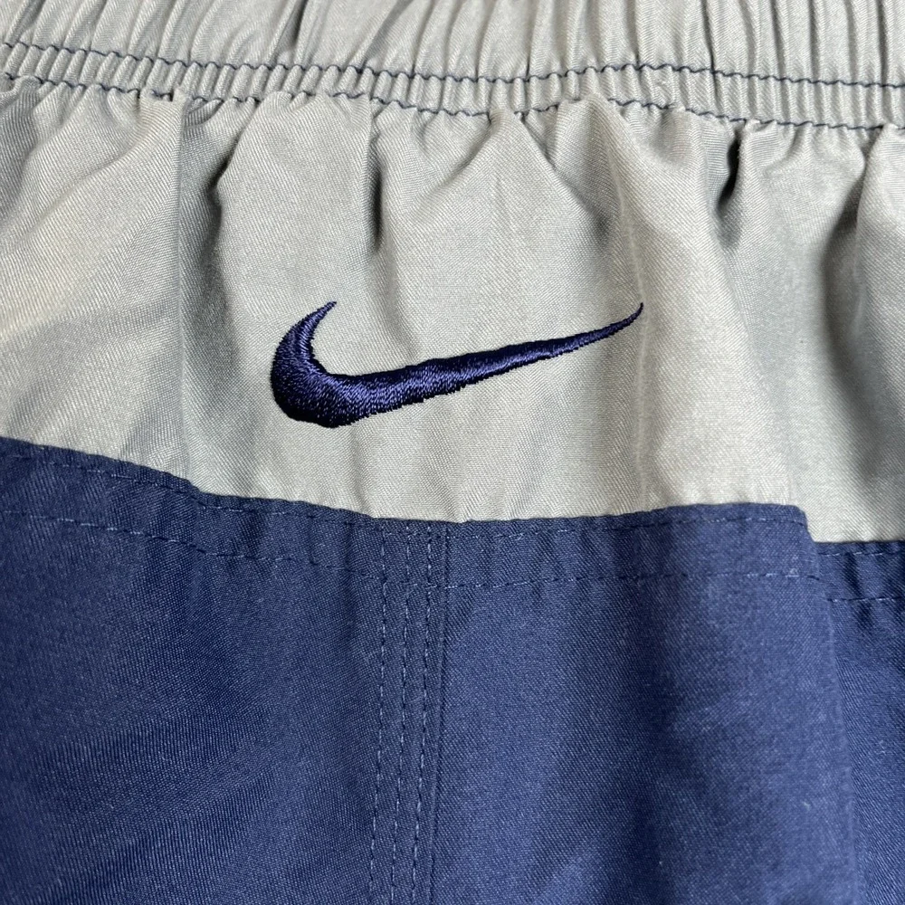 Vintage‎ Nike Swim Shorts Mens 2XL Blue Gray Spell Out Logo Athletic Trunks Y2K